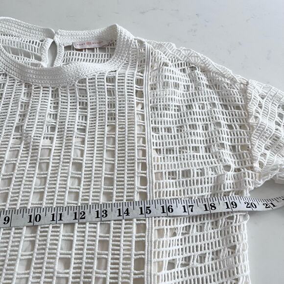 Tory Burch Ivory Open Knit Crochet Lace Short Sleeve Top Size Medium - Picture 12 of 14